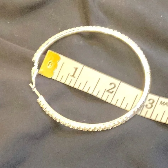 Two Pair Silver Hoop with Rhinestones Earrings, BLING 2.5” & 2.75” - Picture 5 of 7